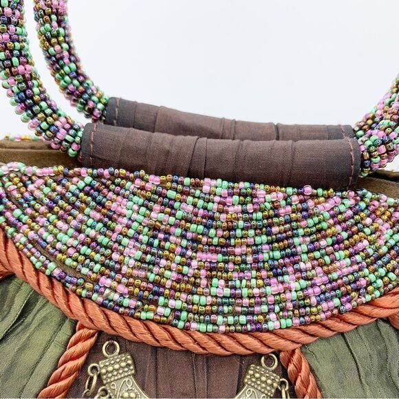 Vintage‎ Prezzo Boho Multicolor Beaded Fabric Handbag-Beaded Handle - Picture 3 of 11